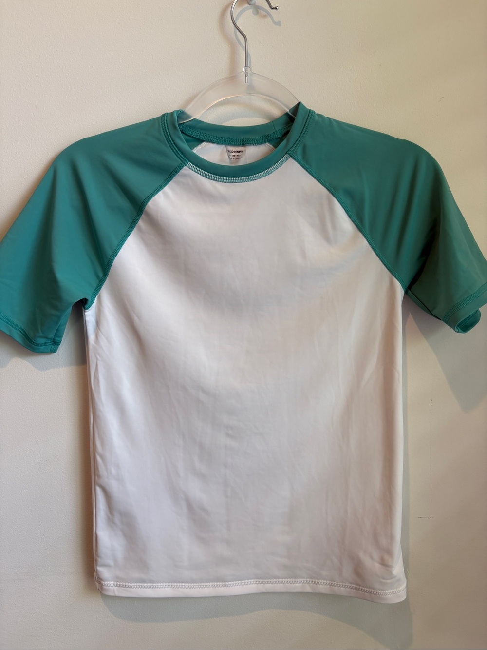 Boys White Raglan Swim Tee with Teal Sleeves Large (10/12)